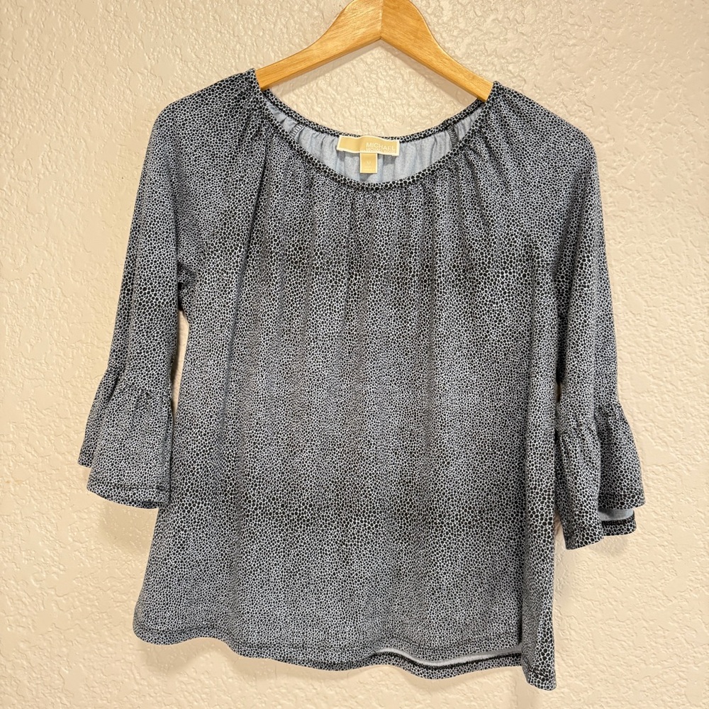 Michael Kors Women's Blue & Black Speckled Print Blouse Ruffled Sleeve Size Med